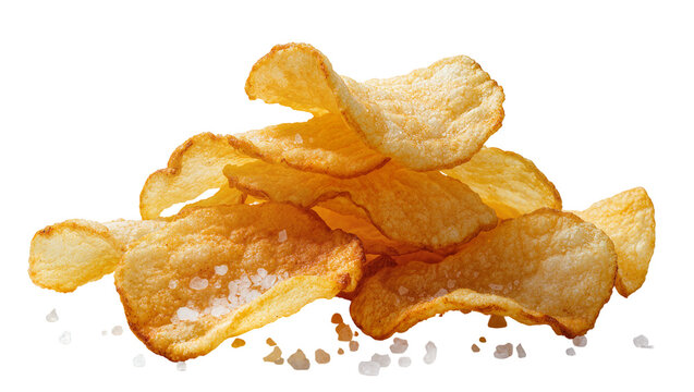 Golden potato chips with coarse salt crystals, isolated on transparent background