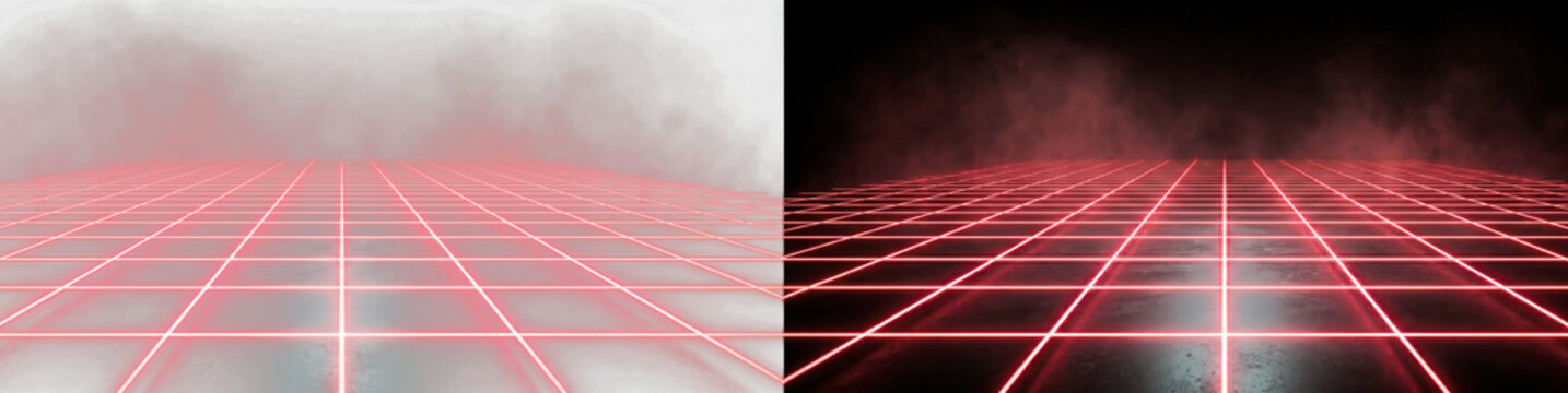 Glowing red neon cyber grid floor with atmospheric smoke overlay on transparent background