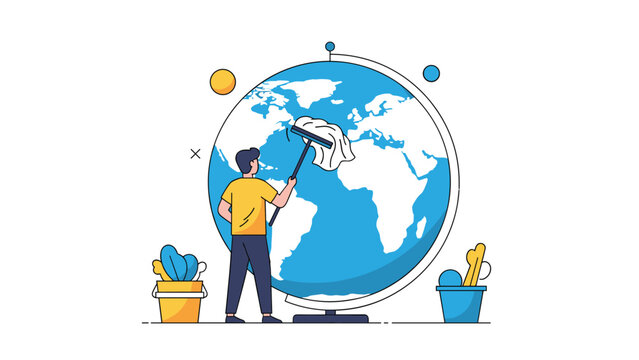 Ecological awareness concept with a man using a squeegee and bucket to clean a giant globe of the Earth to represent environmental care.