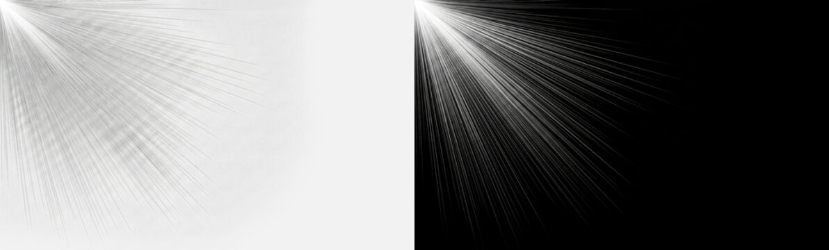 Bright white diagonal volumetric light rays originating from top corner isolated on transparent background