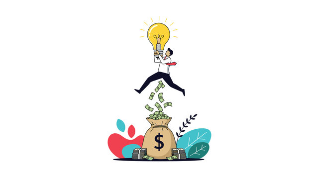 Successful businessman jumping with a bright lightbulb idea over a large sack of money and scattered green cash banknotes on the floor.