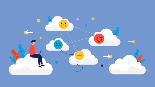 Person sitting on a cloud with a laptop computer surrounded by several other clouds displaying different colorful facial expressions.