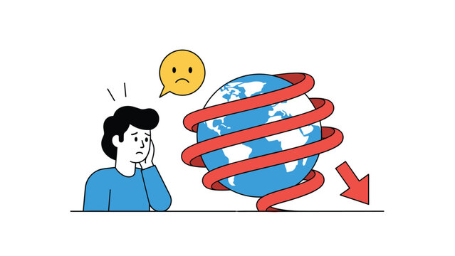 Concerned man looking at a globe wrapped in red tape and a downward arrow symbolizing global economic crisis and international trade barriers.