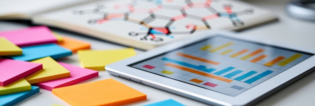 Topdown view of a contemporary lab desk featuring scattered sticky tabs and a tablet displaying blurred data charts the notebook page with molecular sketches softly out of focus in