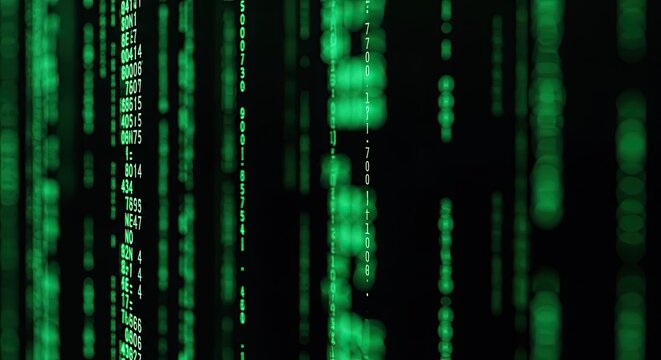 Digital Rain Code on Black Screen Abstract Technology Background.