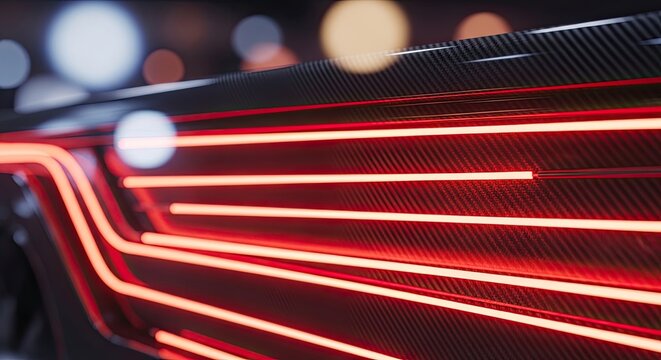Futuristic Red LED Light Trails on a Dark Background with Bokeh Effect.