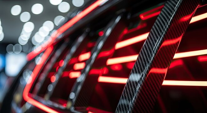 Close-up of modern cars red LED taillights and carbon fiber details.
