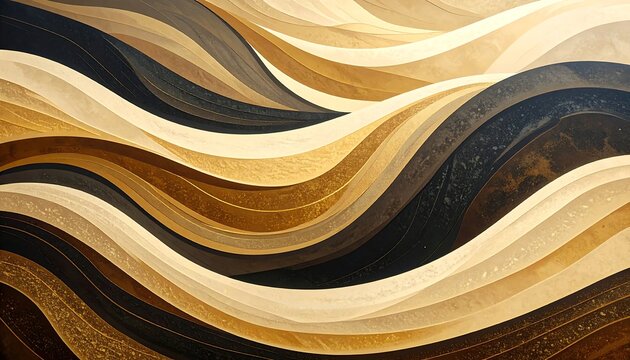 Wavy, flowing pattern in shades of beige, gold, and black, resembling sand dunes or smooth, polished stone layers