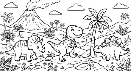 Cute dinosaurs exploring prehistoric landscape coloring book page, featuring cartoon Triceratops, T-Rex, and Stegosaurus © Sutrisnodraw