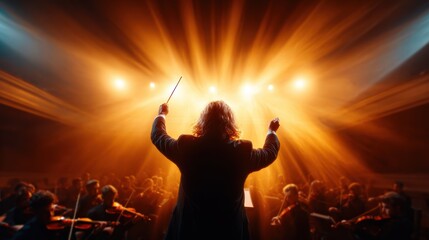 Fototapeta premium A conductor passionately leads a full orchestra under dramatic lighting, showcasing the artistry of music creation and the power of collective performance in concert halls.