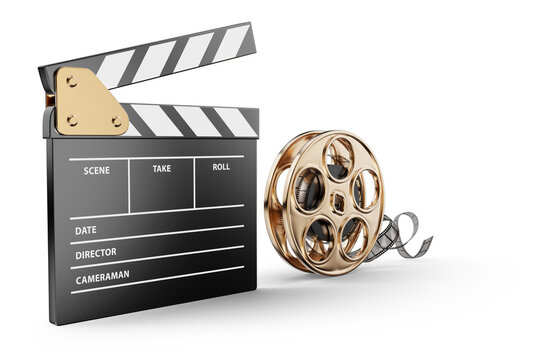 Movie clapper board and video film disk with retro movie celluloid tape set for vintage reel cinematography. Isolated PNG 3D Illustration