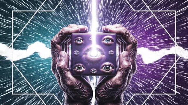 Hands holding glowing cube with eyes geometric shapes abstract illustration