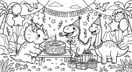 Dinosaurs celebrating a birthday coloring book page for kids © Sutrisnodraw