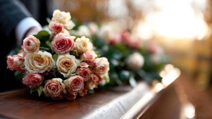 Obraz premium A poignant bouquet of roses rests gently on a beautiful wooden casket, symbolizing love, remembrance, and the cycle of life, evoking heartfelt emotions in a serene setting.