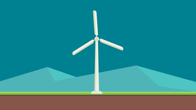 wind turbine on a green field video animation