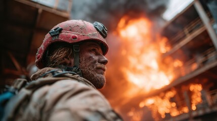 Obraz premium A rugged firefighter stands tall amidst a raging fire, showcasing bravery and determination as he confronts the fierce blaze, embodying courage in times of danger.
