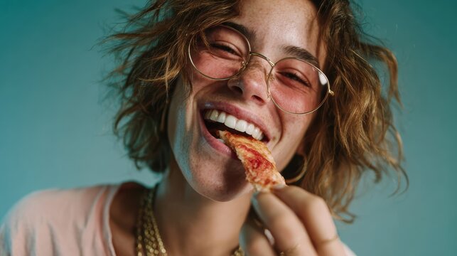 A vibrant and cheerful woman with curly hair smiles while holding a delicious slice of pizza, embodying joy, comfort, and the simple pleasures of everyday life.