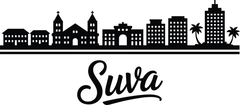 Modern city skyline silhouette with buildings and palm trees, suva lettering below, clean vector graphic design and clip art, travel icon