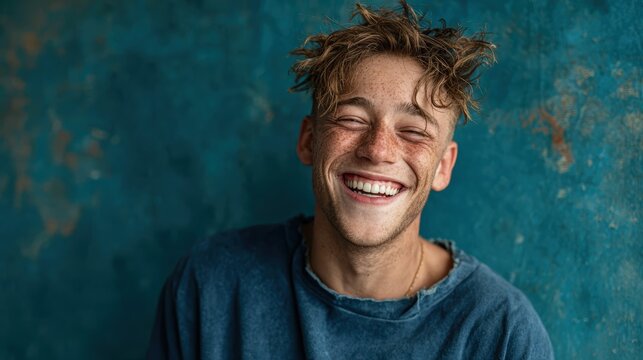 A joyful young man with freckles laughs heartily against a textured blue backdrop, exuding charisma and positive energy that draws viewers into his infectious smile.
