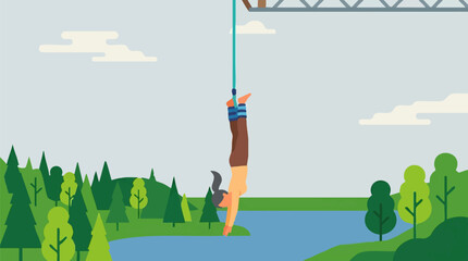 Flat design illustration of a woman bungee jumping from a bridge © Pixelply