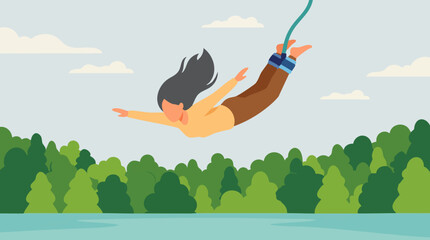 Woman bungee jumping over a forest and water, flat vector illustration © Pixelply