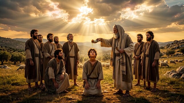 Biblical Prophet Anointing a Young Man Sacred Rite Future King Ancient Ceremony Pastoral Landscape Divine Blessing