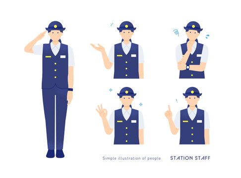 敬礼・案内・ひらめき・悩み 夏服の女性駅員ポーズ イラストセット