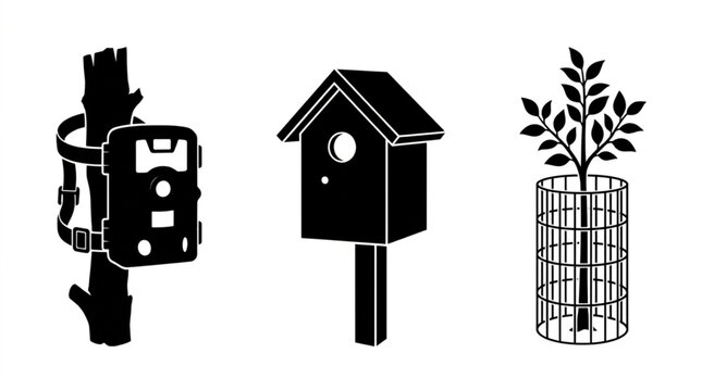 Wildlife monitoring and forestry management icon set with tree trail camera wooden birdhouse and sapling tree guard silhouette vector illustration