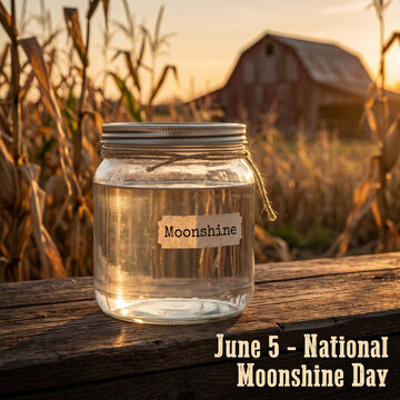National Moonshine Day Clear Glass Mason Jar filled with Alcohol on Rustic Barn Wood at Sunset
