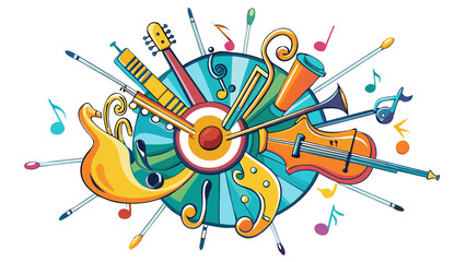 Vibrant artistic composition featuring diverse orchestra instruments arranged in dynamic circular motion © Muhamad