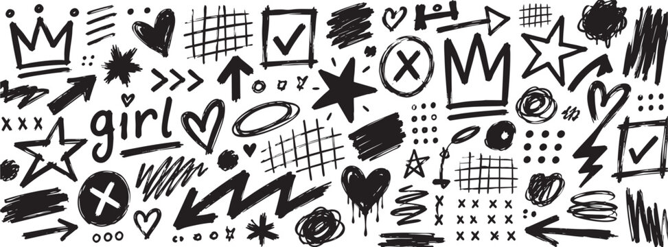 Collection of hand-drawn doodle elements, including graffiti style brush strokes, arrows, hearts, stars, checkmarks, and abstract shapes on white background.