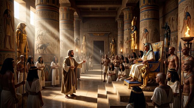 Joseph Standing Before Pharaoh Interpreting Prophetic Dreams in the Opulent Ancient Egyptian Royal Court Historical Narrative