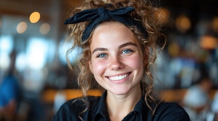 Obraz premium A bright and cheerful young girl with curly hair and a heartwarming smile, embodying the essence of youth and joy in a lively social gathering atmosphere.