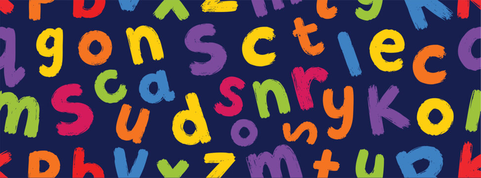 Seamless pattern with colorful hand-drawn alphabet letters on a dark blue background. Vector illustration of ABC letters for kids, education, and design.