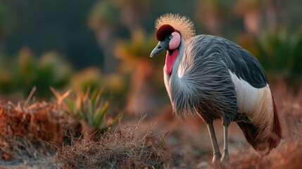Fototapeta premium A majestic crane stands tall amidst a natural backdrop, showcasing its striking crown-like feathers and vibrant colors in a serene wildlife setting.