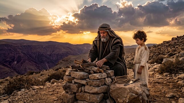 Abraham Preparing Altar with Isaac Beside Him Conveying Deep Obedience Faith and Emotional Tension at Sunset