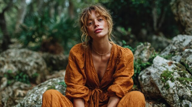 This image features a beautiful young woman in an earthy-toned outfit, lounging among lush greenery and natural rocks, radiating peace and effortless style in a serene setting.
