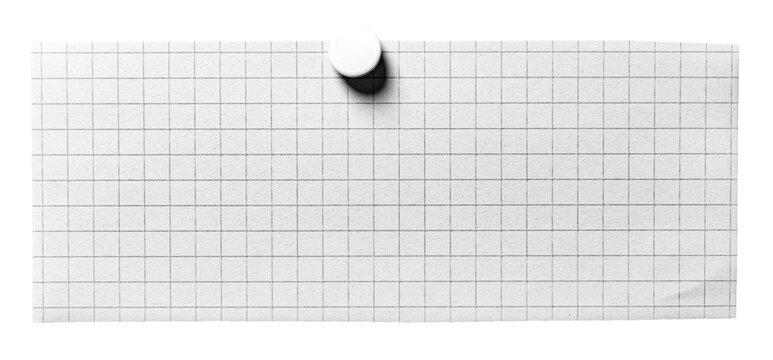 Isolated piece of pinned checkered graph recycled rough paper memo note with pins or thumbtacks with squares or grid pattern, rough fiber texture transparent png background design element