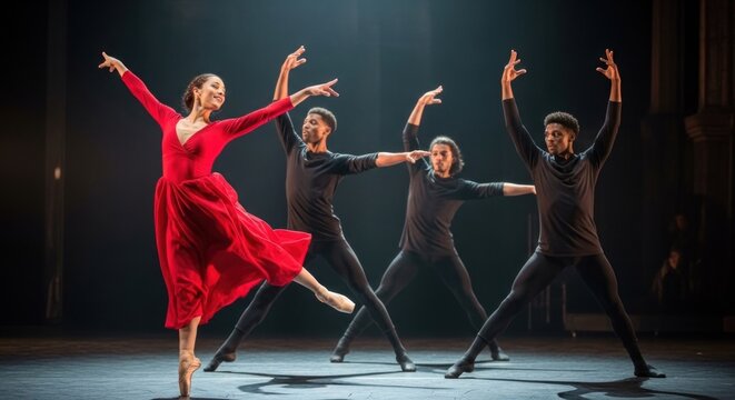 A ballet dancer in a red dress performs a dance move with her arms raised in the air on a stage with a dark background.