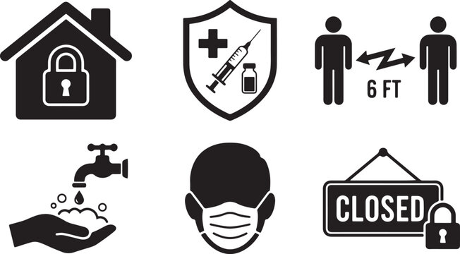 Safety prevention icons set featuring home lockdown vaccine syringe social distancing hand washing face mask and closed shop.