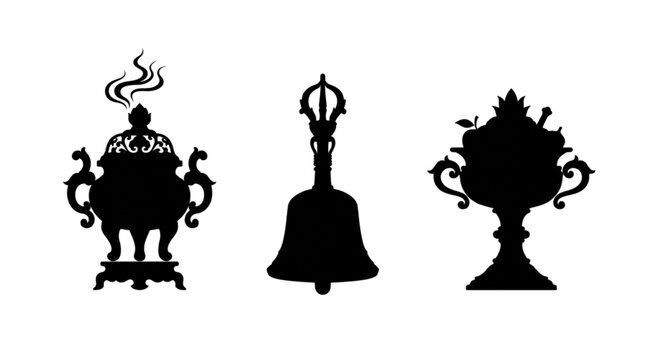 Tibetan Buddhist ritual objects set with smoking incense burner ornate ghanta hand bell and torma offering bowl silhouette vector illustration