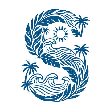  Tropical Summer Letter S with Palm Trees Ocean Waves and Sun Silhouette Vector Design
