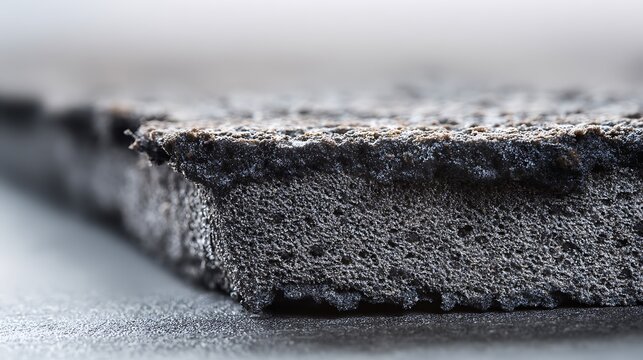 Close up macro shot of a dark gray textured foam rubber sheet material.