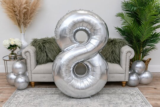 Large silver number 8 balloon centerpiece with decorative pillows and plants in a stylish living room.