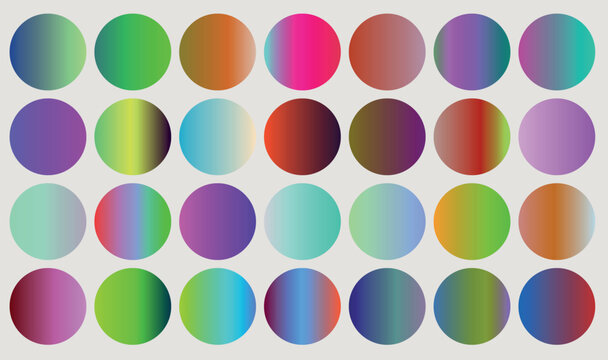 Vibrant holographic gradient circles, set of 28 colorful round vector swatches, modern iridescent sphere elements for UI design and branding