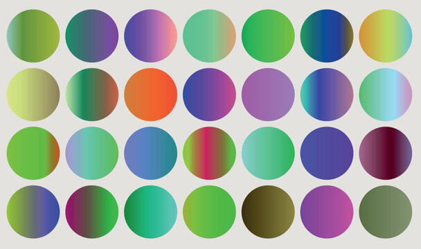 Vibrant gradient circles collection, set of 28 colorful round vector swatches, modern holographic and metallic sphere icons for UI design and branding