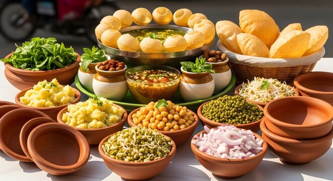 Delicious indian street food cuisine pani puri and various toppings