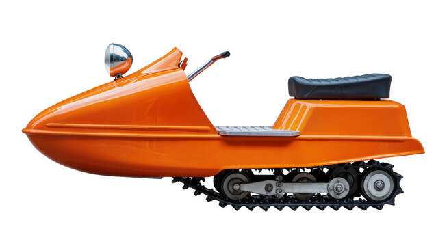 Vintage orange snowmobile with black seat and chrome headlight, isolated on transparent background