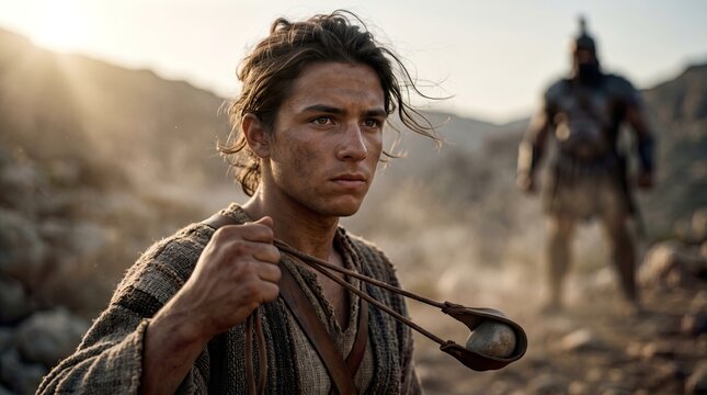 Courageous Young David Slingshot Ready Faces Giant Goliath a Powerful Symbol of Unwavering Faith and Determination