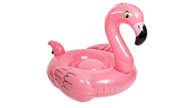 Cute pink flamingo inflatable pool float toy isolated on transparent background
